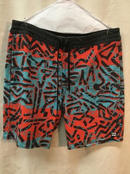 BILLABONG, Black, Turquoise Blue, Red, Polyester, Abstract , No Mesh Brief, Velcro Fly, Doubles,