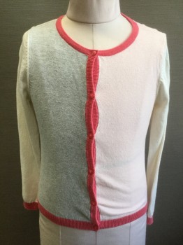N/L, Lt Pink, Heather Gray, White, Fuchsia Pink, Acrylic, Color Blocking, Girls Size, Panels of Light Pink on Right Side, Heather Gray on Left Side, White Sleeves, Light Pink Back, Fuchsia Edges, Knit, Button Front, Long Sleeves
