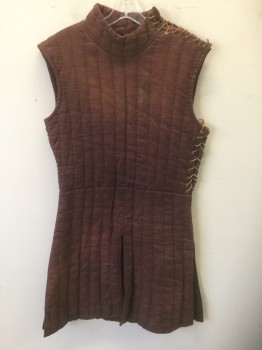 N/L, Sienna Brown, Cotton, Solid, Under Armor Padding, Quilted Vertical Stitching, Stand Collar, Sleeveless, Brown Leather Thong Lacing at Left Side and Left Shoulder Seam, Knee Length Tunic with Paneled Bottom with Slits/Vents, Made To Order, Lightly Aged