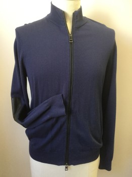 MICHAEL KORS, Navy Blue, Wool, Solid, Zip Front, 2 Pockets, Black Elbow Patches