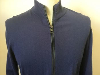 MICHAEL KORS, Navy Blue, Wool, Solid, Zip Front, 2 Pockets, Black Elbow Patches
