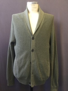 BROOKS BROTHERS, Olive Green, Sage Green, Cotton, Solid, Shawl Collar, Nubby Sand Knit Stitch