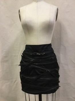 SEASON J S, Black, Rayon, Synthetic, Solid, Satin Finished Rayon with Multi Zippers As Novelty Pattern at Front, and Back, Zipper Center Back,