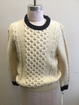 BROOKS BROTHERS, Cream, Navy Blue, Wool, Nylon, Cable Knit, Cream Cable Knit, Pull Over, Navy Trim on Crew Neck, & Cuffs