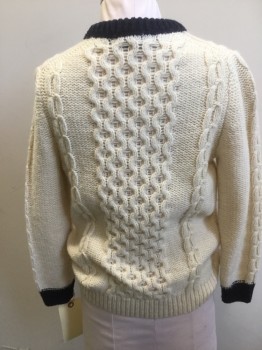 BROOKS BROTHERS, Cream, Navy Blue, Wool, Nylon, Cable Knit, Cream Cable Knit, Pull Over, Navy Trim on Crew Neck, & Cuffs