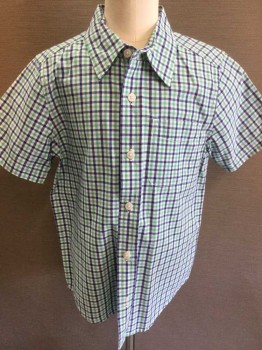 PLACE, White, Dk Blue, Sea Foam Green, Cotton, Gingham, Button Front, Short Sleeve, Collar Attached, 1 Pocket,