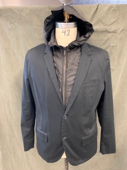 KENNETH COLE, Black, Cotton, Polyester, Solid, Cotton Blazer with Polyester Zip Front Lining and Hood, Zip Detachable Drawstring Hood, Single Breasted, Collar Attached, Notched Lapel, 3 Pockets, 2 Buttons