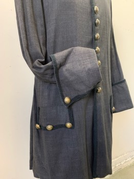 Mens, Historical Fiction Frock Coat, N/L, Gray, Linen, Cotton, Heathered, Ch42, Mens 1700's Coat, 10 Brass Button Closure at Center Front, 3 Buttons on Pocket Flaps, 1 Button on Wide Cuffs, Slit Center Back, 1700's 2pc Outfit