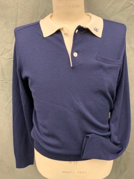 SHIPLEY HALMOS, Navy Blue, Cream, Rayon, Viscose, Solid, Color Blocking, POLO, L/S, Brand Monogram On Cream Collar, 2 Buttons, 1 Welt Pckt,