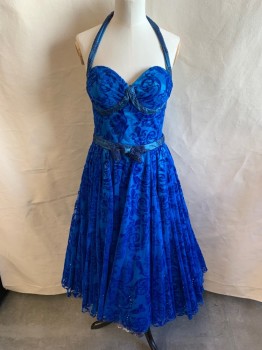 Womens, Cocktail Dress, STUDIO ROGUE, Blue, Polyester, Synthetic, W: 22, B: 28, Sweetheart & Halter Neckline, Mesh Fabric with Velvet Pattern, Teal Blue Beaded Neck Strap, Band Under Bust, & Waist, Bow Attached at Center Front, Zip Back. A-Line, Hem Below Knee