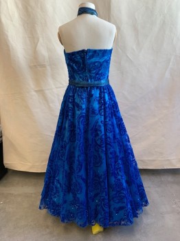 Womens, Cocktail Dress, STUDIO ROGUE, Blue, Polyester, Synthetic, W: 22, B: 28, Sweetheart & Halter Neckline, Mesh Fabric with Velvet Pattern, Teal Blue Beaded Neck Strap, Band Under Bust, & Waist, Bow Attached at Center Front, Zip Back. A-Line, Hem Below Knee