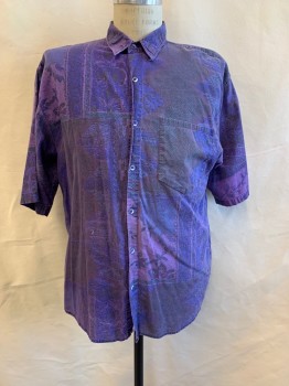 Mens, Casual Shirt, CODE ZERO, Purple, Lavender Purple, Teal Blue, Cotton, Floral, L, Collar Attached, Button Front, Short Sleeves, 1 Pocket