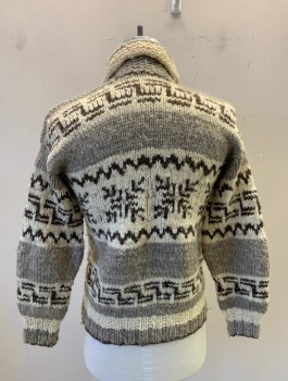 Mens, Sweater, COWICHAN INDIAN, Taupe, Cream, Brown, Wool, Native American/Southwestern , Stripes - Horizontal , S, Thick, Scratchy Hand Knit, Pullover, Shawl Collar,