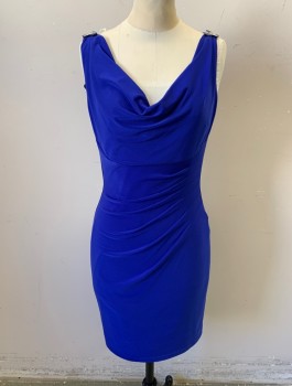 Womens, Cocktail Dress, LAUREN RALPH LAUREN, Royal Blue, Polyester, Spandex, Solid, Sz.2, Stretch Material, Sleeveless, Cowl-Neck, 2 Black and Silver Art Deco Style Brooches at Shoulders, Pleated at Waist, Hem Above Knee