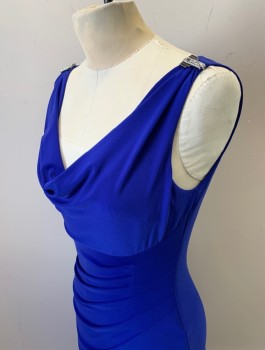 Womens, Cocktail Dress, LAUREN RALPH LAUREN, Royal Blue, Polyester, Spandex, Solid, Sz.2, Stretch Material, Sleeveless, Cowl-Neck, 2 Black and Silver Art Deco Style Brooches at Shoulders, Pleated at Waist, Hem Above Knee