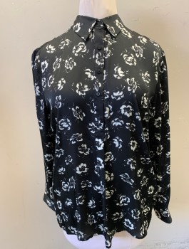 RALPH LAUREN, Black, White, Polyester, Floral, Slightly Sheer Crepe De Chine, Long Sleeves, 5 Button Placket, Collar Attached