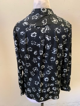 RALPH LAUREN, Black, White, Polyester, Floral, Slightly Sheer Crepe De Chine, Long Sleeves, 5 Button Placket, Collar Attached