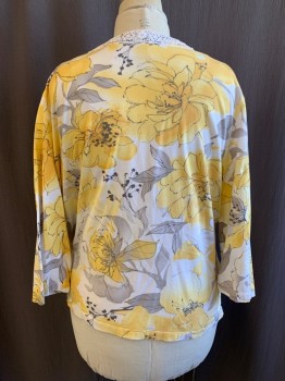 ALFRED DUNNER, White, Yellow, Gray, Cotton, Spandex, Floral, Pullover, V-neck, White Crochet Trim, Long Sleeves, Clear Sequins at Center of Some Flowers