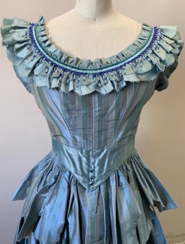 N/L MTO, Lt Blue, French Blue, Silk, Stripes - Vertical , Ball Gown, Taffeta, Cap Sleeves, Scoop Neck with Scalloped Ruffle, Hanging Beaded Trim, V Shaped Waist with Yoke, 6 Tiny Buttons (**3 are Missing) at Front, Multi-Tiered Ruffle Full Skirt, Made To Order Historical Fantasy