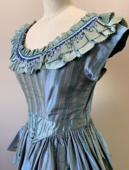 Womens, Historical Fiction Dress, N/L MTO, Lt Blue, French Blue, Silk, Stripes - Vertical , W:26, B:32, Ball Gown, Taffeta, Cap Sleeves, Scoop Neck with Scalloped Ruffle, Hanging Beaded Trim, V Shaped Waist with Yoke, 6 Tiny Buttons (**3 are Missing) at Front, Multi-Tiered Ruffle Full Skirt, Made To Order Historical Fantasy