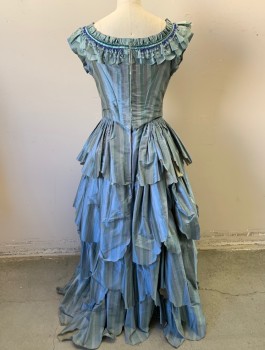 N/L MTO, Lt Blue, French Blue, Silk, Stripes - Vertical , Ball Gown, Taffeta, Cap Sleeves, Scoop Neck with Scalloped Ruffle, Hanging Beaded Trim, V Shaped Waist with Yoke, 6 Tiny Buttons (**3 are Missing) at Front, Multi-Tiered Ruffle Full Skirt, Made To Order Historical Fantasy