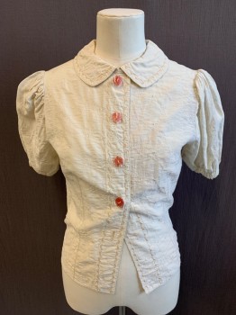 Womens, Blouse, MTO, Off White, Cotton, Solid, B 30, Self Geometric Embroidery, Button Front, Clear with Red Inlay Buttons, Peter Pan Collar, Gathered Short Sleeves, Elastic Cuff *Hole in Cuff, Missing Bottom Button*