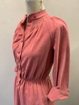 Womens, Dress, BEEQE, Rose Pink, Polyester, Solid, W23-30, B:36, Velour with Ultrasuede-like Texture, 3/4 Sleeves with Cuffed Ends, Elastic Waist, Shirtwaist with Self Covered Buttons at Front, Round Neck with Smocking Detail, A-Line, Knee Length,