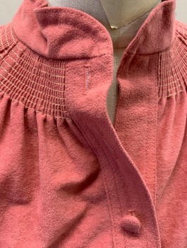 BEEQE, Rose Pink, Polyester, Solid, Velour with Ultrasuede-like Texture, 3/4 Sleeves with Cuffed Ends, Elastic Waist, Shirtwaist with Self Covered Buttons at Front, Round Neck with Smocking Detail, A-Line, Knee Length,