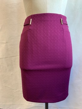 Womens, Skirt, Knee Length, NYCC, Magenta Purple, Polyester, Spandex, Solid, L, Grid Textured Knit, Elastic Waistband, Stretch, Attached Tab Belts Sides with Gold Buckle Detail