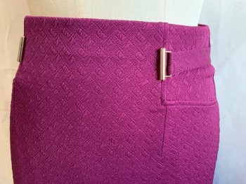 NYCC, Magenta Purple, Polyester, Spandex, Solid, Grid Textured Knit, Elastic Waistband, Stretch, Attached Tab Belts Sides with Gold Buckle Detail