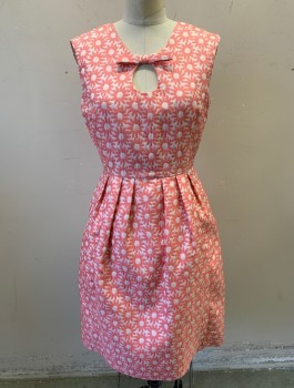 Womens, Dress, Sleeveless, BADGLEY MISHKA, Peachy Pink, White, Polyester, Spandex, Floral, B 34, Sz.4, W 27, Daisies Pattern Brocade, Round Neck with 3D Bow, Keyhole, Pleated Waist, 2 Side Pockets, Hem Above Knee,  Center Back Zipper