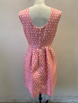 Womens, Dress, Sleeveless, BADGLEY MISHKA, Peachy Pink, White, Polyester, Spandex, Floral, B 34, Sz.4, W 27, Daisies Pattern Brocade, Round Neck with 3D Bow, Keyhole, Pleated Waist, 2 Side Pockets, Hem Above Knee,  Center Back Zipper