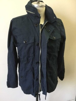 Mens, Casual Jacket, J CREW, Navy Blue, Cotton, Solid, M, Zipper & Button Front, Drawstring Waist, 2 Breast Pockets with Pocket Flaps, 2 Cargo Pockets at Hips, Left Arm with Pocket with Flap, Collar with Zipper and Hidden Hood
