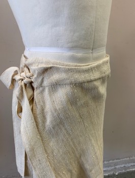 Mens, Historical Fiction Skirt, N/L MTO, Ecru, Linen, Solid, W:33, Coarsely Woven Fabric, 2" Wide Waistband, Wrapped with Ties at Side, Hidden Snap Underneath, Above Knee Length, Made To Order