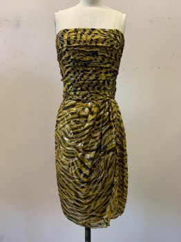 Womens, Cocktail Dress, NL, Gold, Black, Silk, Lurex, Animal Print, W23, B30, Strapless Knee length, Rouched Bodice, Open Front Flounce Type Skirt, at Knee, Very Small 30" Chest