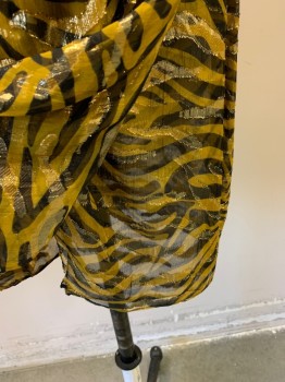 Womens, Cocktail Dress, NL, Gold, Black, Silk, Lurex, Animal Print, W23, B30, Strapless Knee length, Rouched Bodice, Open Front Flounce Type Skirt, at Knee, Very Small 30" Chest