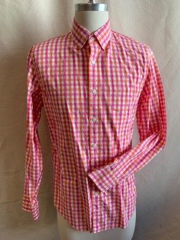 S, Orange, Pink, White, Cotton, Check , Button Front, Button Down Collar, 1 Pocket, Long Sleeves,