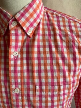 S, Orange, Pink, White, Cotton, Check , Button Front, Button Down Collar, 1 Pocket, Long Sleeves,