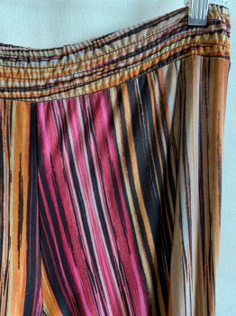 Womens, Pants, NEW DIRECTION, Fuchsia Pink, Magenta Pink, Orange, Black, Lt Beige, Polyester, Spandex, Stripes, PM, W30, Elastic Waistband, Multicolor Uneven Stripes