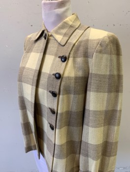 Womens, Blazer, N/L, Ecru, Taupe, Wool, Check , M, B: 36, Thick Wool, 1 Button Closure at Neck, with 2nd Off Set Column of Decorative Buttons, Padded Shoulders, L/S with Folded Cuffs, Cream Silk Lining