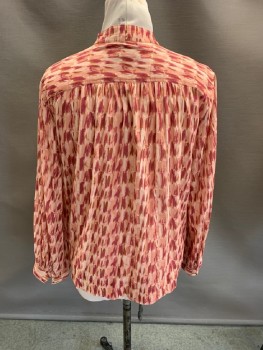 JOIE, Peachy Pink, Magenta Purple, Brown, Cotton, Abstract , Brush Stroke Pattern, Collar Band, Vertical Pleated Bib, 1/2 B.F., Gathered at Back Yoke, L/S