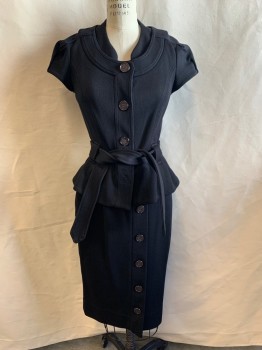 DVF, Black, Polyamide, Cotton, with Belt, Waffle Texture, Round Neck, Single Breasted, Button Front, Cap Sleeves