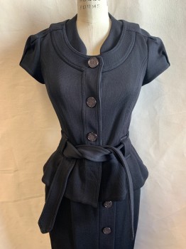 DVF, Black, Polyamide, Cotton, with Belt, Waffle Texture, Round Neck, Single Breasted, Button Front, Cap Sleeves