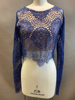 FOR LOVE AND LEMONS, Royal Blue, Lt Beige, Nylon, Polyester, Geometric, Ballet Neck, Long Sleeves, Sheer Lace Crop Top, Eyelash Edges, Beige Spandex Lining Attached to Bodice