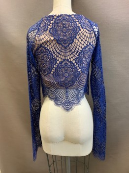 FOR LOVE AND LEMONS, Royal Blue, Lt Beige, Nylon, Polyester, Geometric, Ballet Neck, Long Sleeves, Sheer Lace Crop Top, Eyelash Edges, Beige Spandex Lining Attached to Bodice