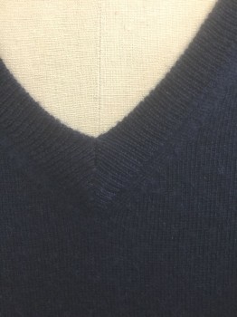 BARNEY'S NEW YORK, Navy Blue, Wool, Solid, Knit, Long Sleeves, V-neck