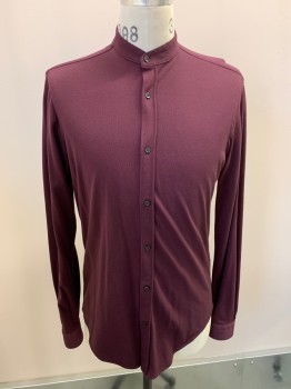 ZARA, Wine Red, Cotton, Solid, L/S, Button Front, Band Collar, Stretch