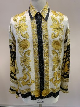 SATIN SILK, Gold, Ivory White, Black, Silk, Novelty Pattern, L/S, Button Front, Gold Buttons, Metallic Accents