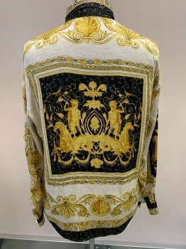SATIN SILK, Gold, Ivory White, Black, Silk, Novelty Pattern, L/S, Button Front, Gold Buttons, Metallic Accents