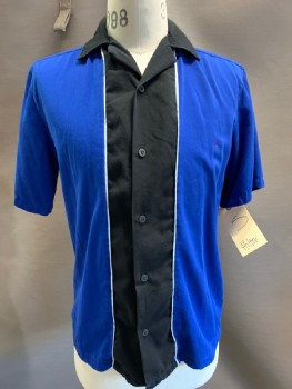 HILTON, Royal Blue, Black, White, Polyester, Rayon, Color Blocking, S/S, Button Front, C.A., Bowling Shirt